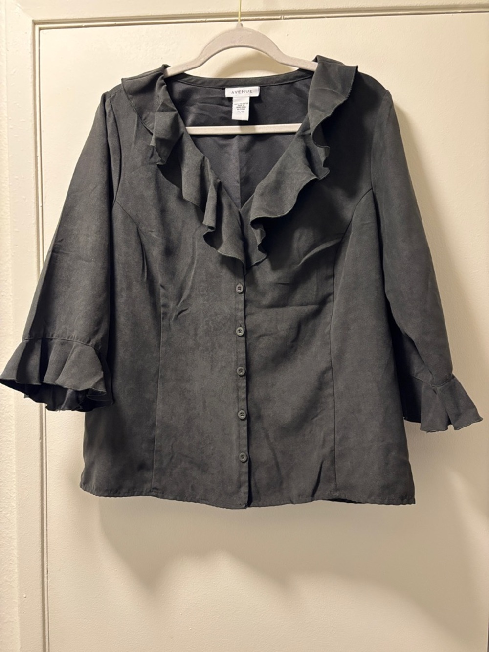Avenue Olive Gray Ruffle-Trim Button Blouse